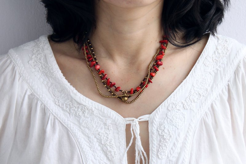 串珠项链编织链分层胭脂珊瑚黄铜 - 项链 - 石头 红色