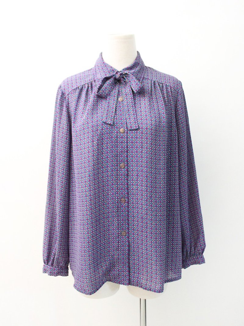 复古日本制暗紫色圆点点领结防晒古着衬衫 Japanese Vintage Blouse - 女装衬衫 - 聚酯纤维 紫色