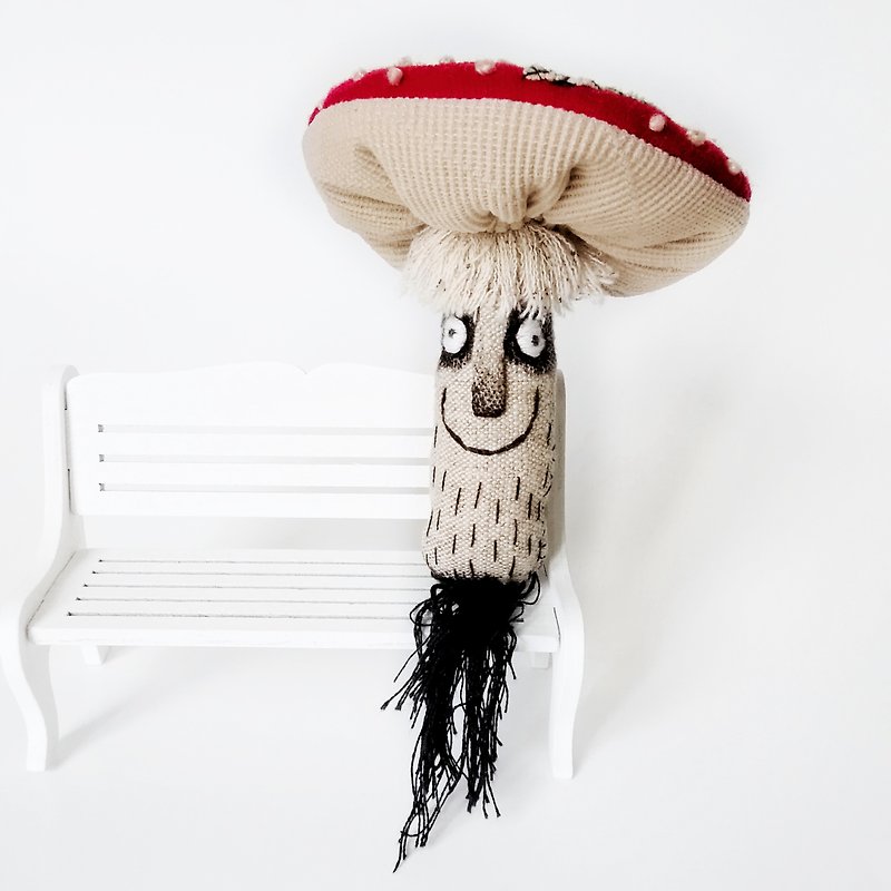 Mushroom art doll. Funny embroidered textile mushroom handmade. Amanita muscaria
