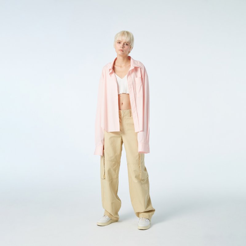 10 MOOn 时髦大口袋oversize密桃粉色衬衫 - 女装衬衫 - 棉．麻 粉红色
