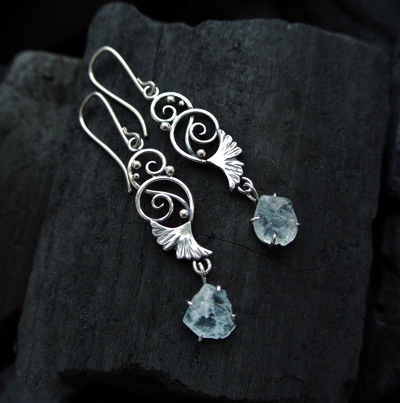 Ginkgo 925 Sterling Silver Handmade Aquamarine botanical earrings