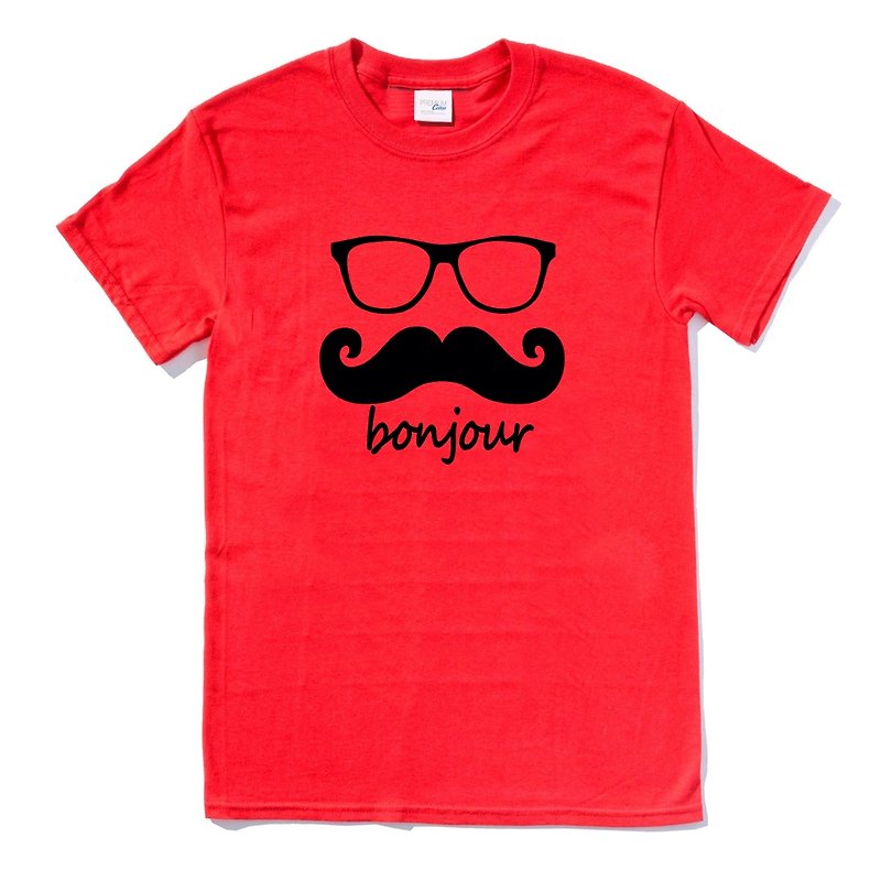 bonjour 男女短袖T恤 红色 法国 胡子 胡须 复古 眼镜 文青 原创  - 女装 T 恤 - 棉．麻 红色