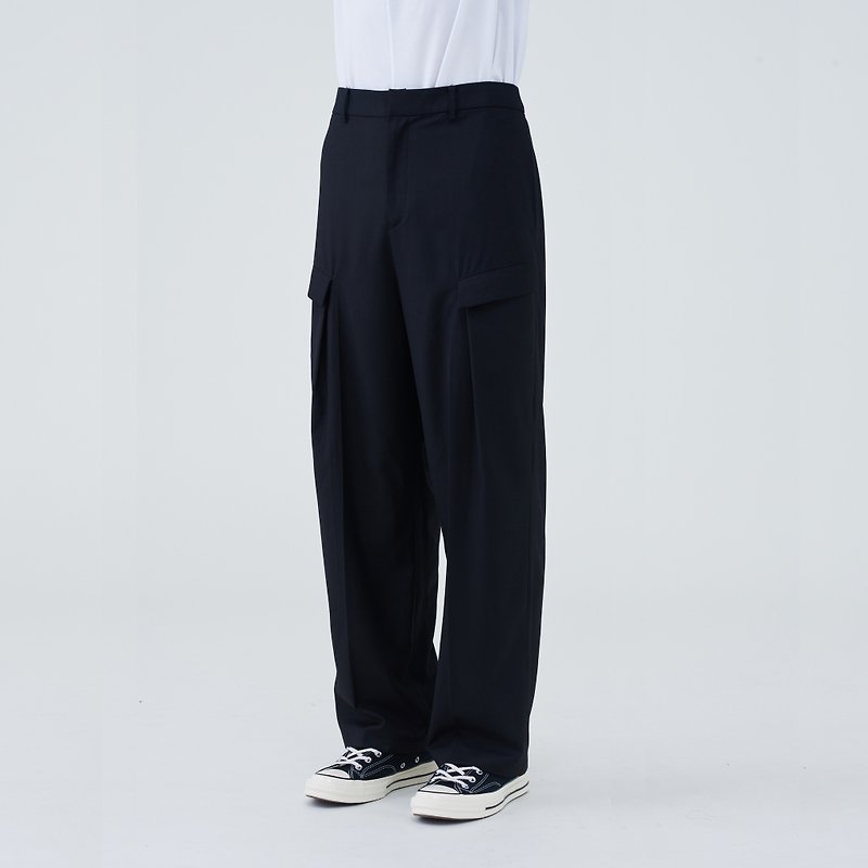 TRAN - 口袋活褶宽裤 - 男士长裤 - 聚酯纤维 黑色