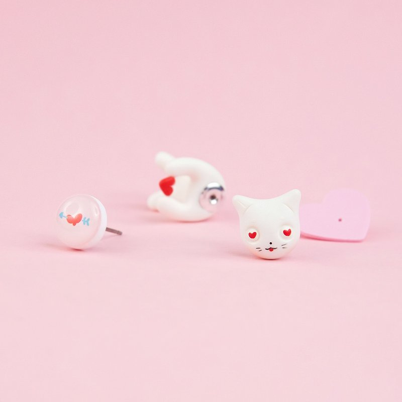 Valentine's Special | White Cat Earrings - Polymer Clay Jewelry for Cat Lovers - 耳环/耳夹 - 粘土 白色