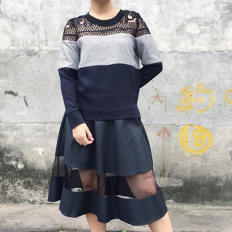 Wannabe 银色 深蓝 Lace 蕾丝长袖子上衣 香港设计 服装设计 (MIT) - 女装上衣 - 棉．麻 黑色