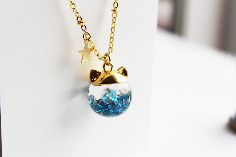 Rosy Garden 小猫咪深蓝色水晶流动玻璃球项链 金色链 - 颈链 - 玻璃 蓝色