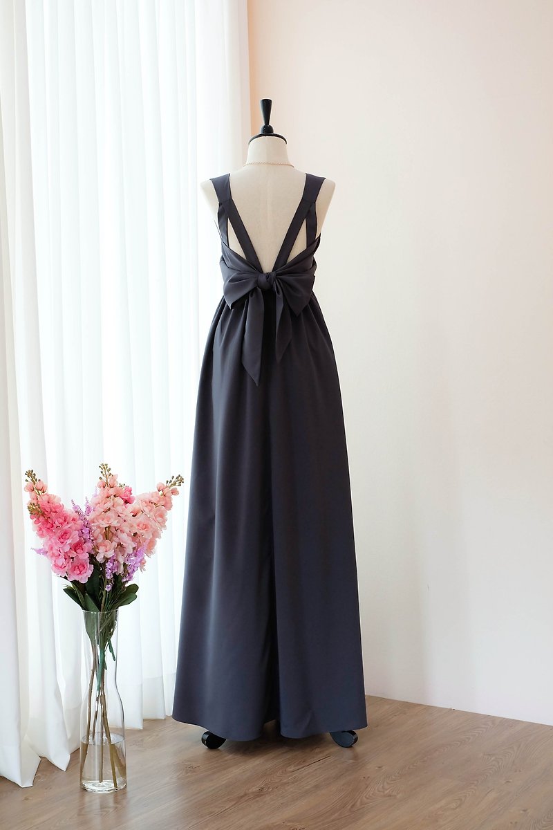 Dark gray bridesmaid maxi dress backless prom party evening dress - 晚装/礼服 - 聚酯纤维 灰色