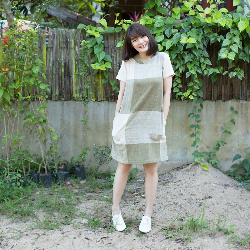 Zen Garden #5 / Green Plaid Round Neck Short Sleeve Knee Length Dresses  - 洋装/连衣裙 - 棉．麻 绿色
