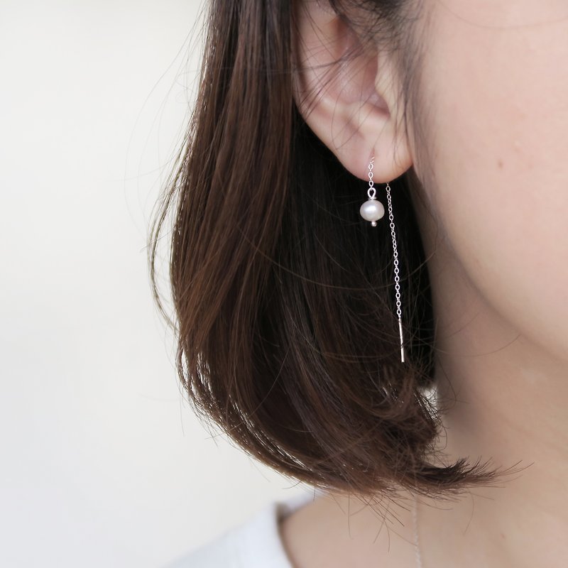 925纯银雪白珍珠 耳针式-耳勾式 耳环 一对 - 耳环/耳夹 - 纯银 白色