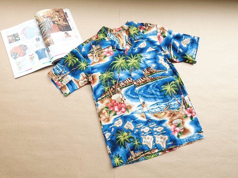 Vintage Shirt / 夏威夷的海边有扶桑花 - 女装衬衫 - 棉．麻 蓝色