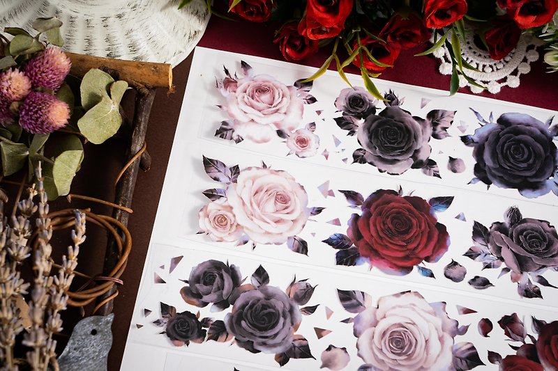 暗夜玫瑰 复古暗黑 PET/和纸 紙膠帶 3米卷10米卷 - 纸胶带 - 其他材质 多色