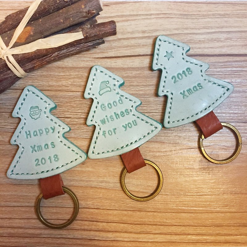 定制化礼物 圣诞树皮革钥匙圈 / 双面刻字/ 悠游卡/一卡通 - 钥匙链/钥匙包 - 真皮 绿色