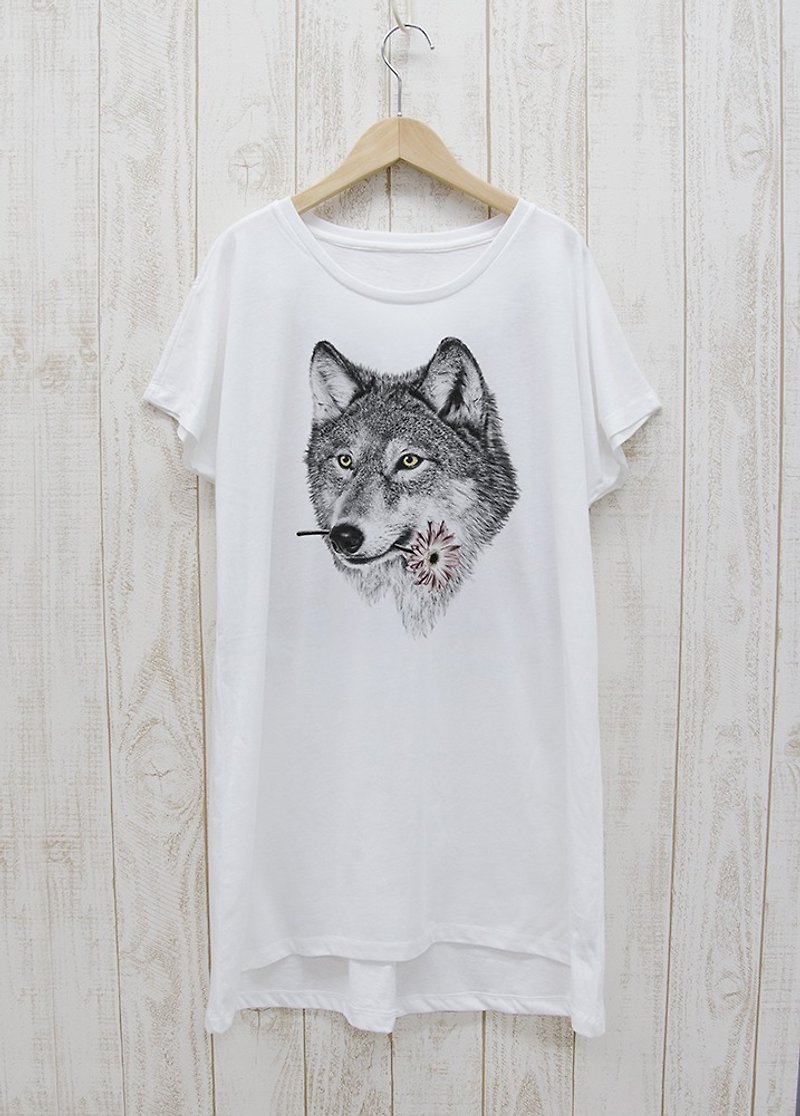 ronronWOLF ワンピースTee　Here you go　ホワイト / R027-O-WH - 中性连帽卫衣/T 恤 - 棉．麻 白色