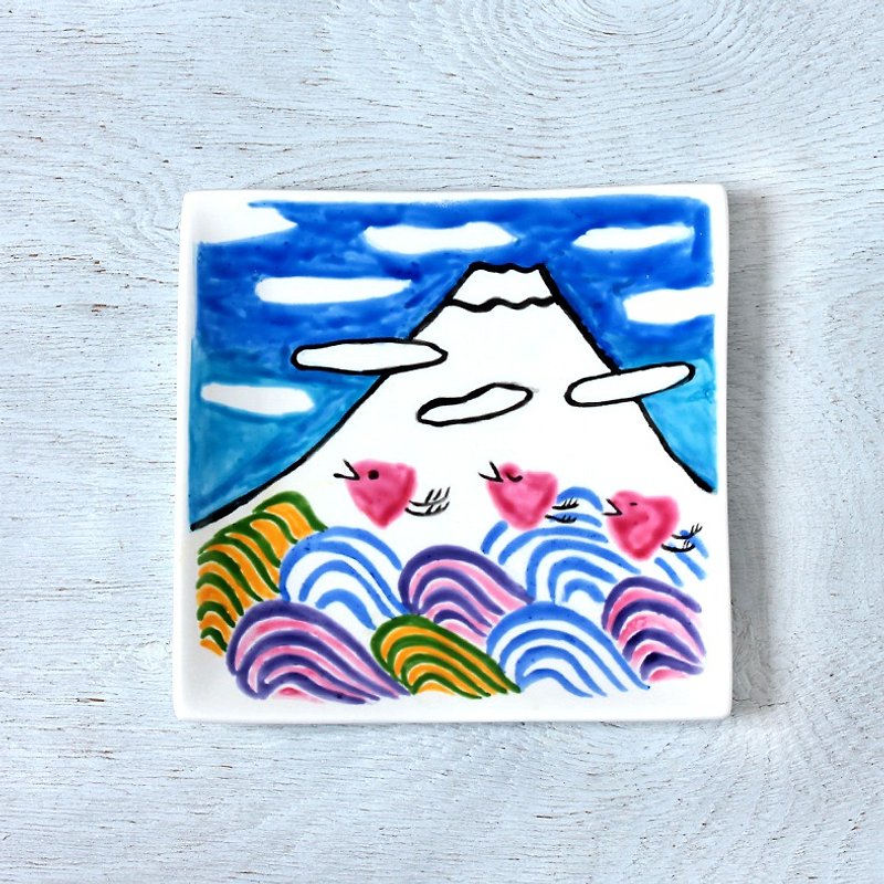 冬の富士山(波千鳥)・スクエアプレート(15cm) - 浅碟/小碟子 - 瓷 