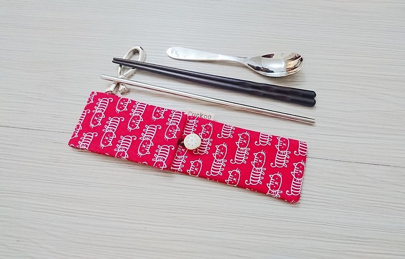 环保餐具收纳袋 筷子袋 组合筷专用 双层筷袋 喜气猫 - 餐刀/叉/匙组合 - 棉．麻 