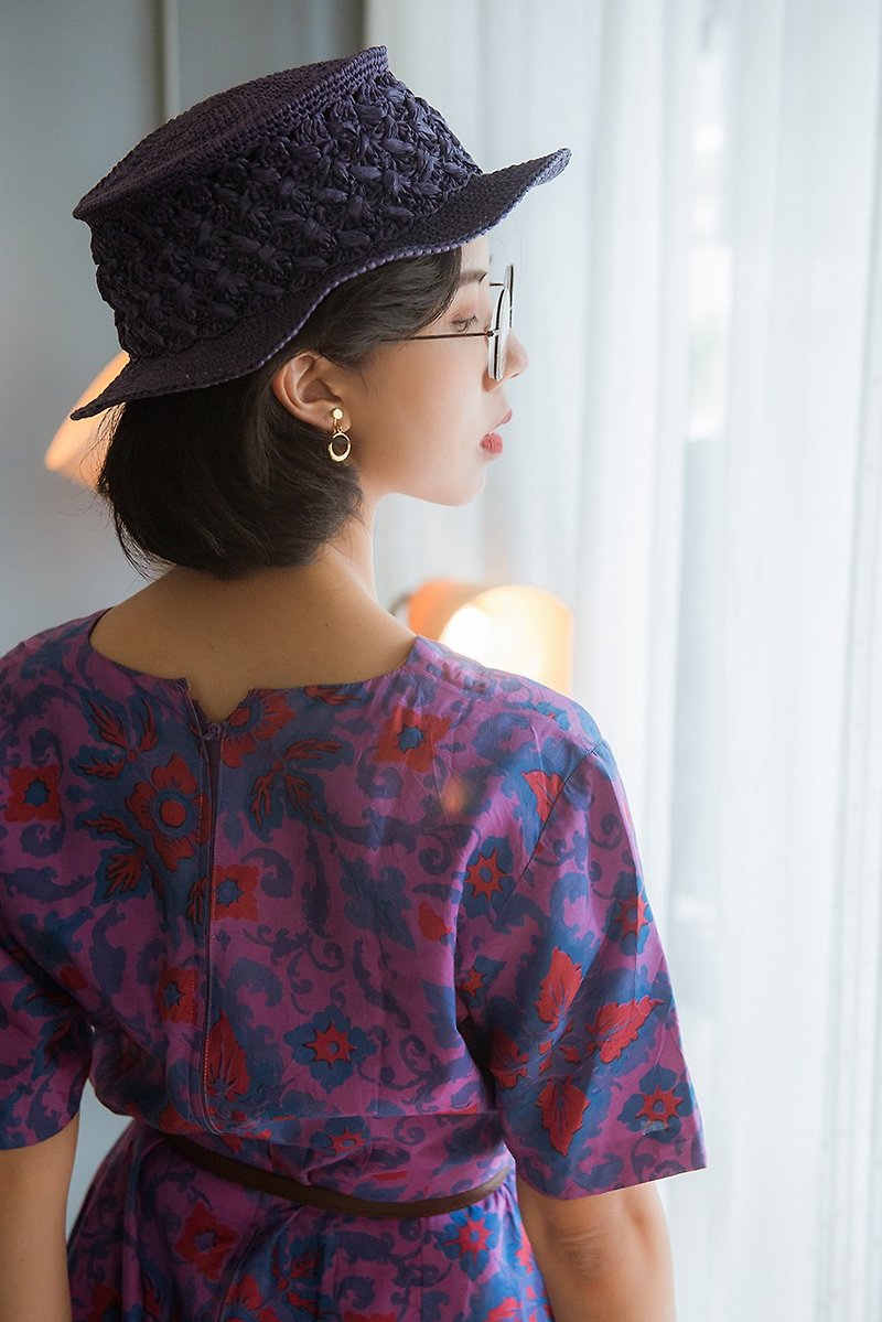 深蓝紫立体花纹手工编织圆顶绅士帽 BOATER | vintage莞洱选品 - 帽子 - 环保材料 