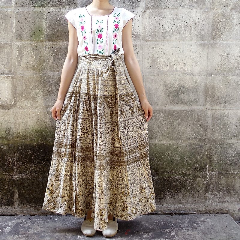 BajuTua/古着/ 土黄色绑带式印度大圆裙 - 裙子 - 棉．麻 卡其色
