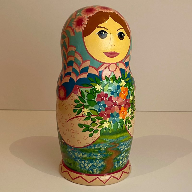 Matryoshka Spring nesting doll, wooden home decor, pink color, romance, nature