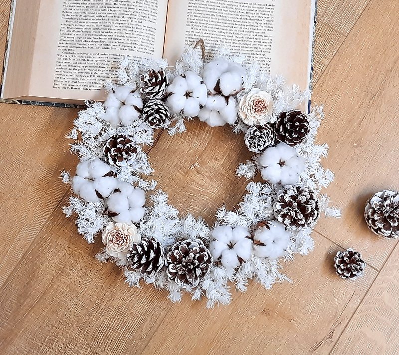 手作北国之冬银白雪景圣诞花圈(拍照道具咖啡厅装饰居家布置) - 摆饰 - 植物．花 白色