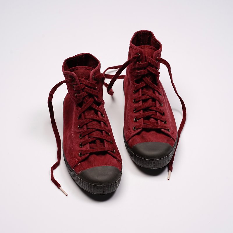 西班牙帆布鞋 CIENTA U61777 82 酒红色 黑底 洗旧布料 大人 高筒 - 女款休闲鞋 - 棉．麻 红色