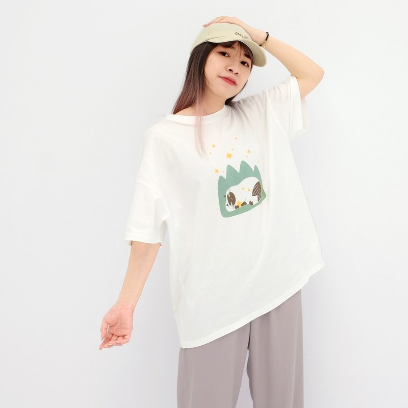 星星都是我的 - 宽版中性tshirt 暹罗猫 文创插画tshirt - 女装 T 恤 - 棉．麻 白色