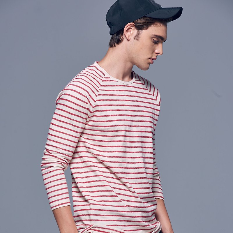 Stone@s Basic Striped long-sleeved Tee /红色条纹 - 男装上衣/T 恤 - 棉．麻 红色