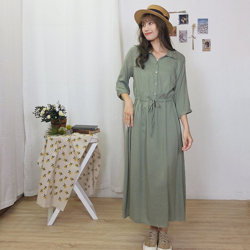 Hana Mokuba 衬衫式绑带收腰七分袖洋装 - 洋装/连衣裙 - 其他材质 