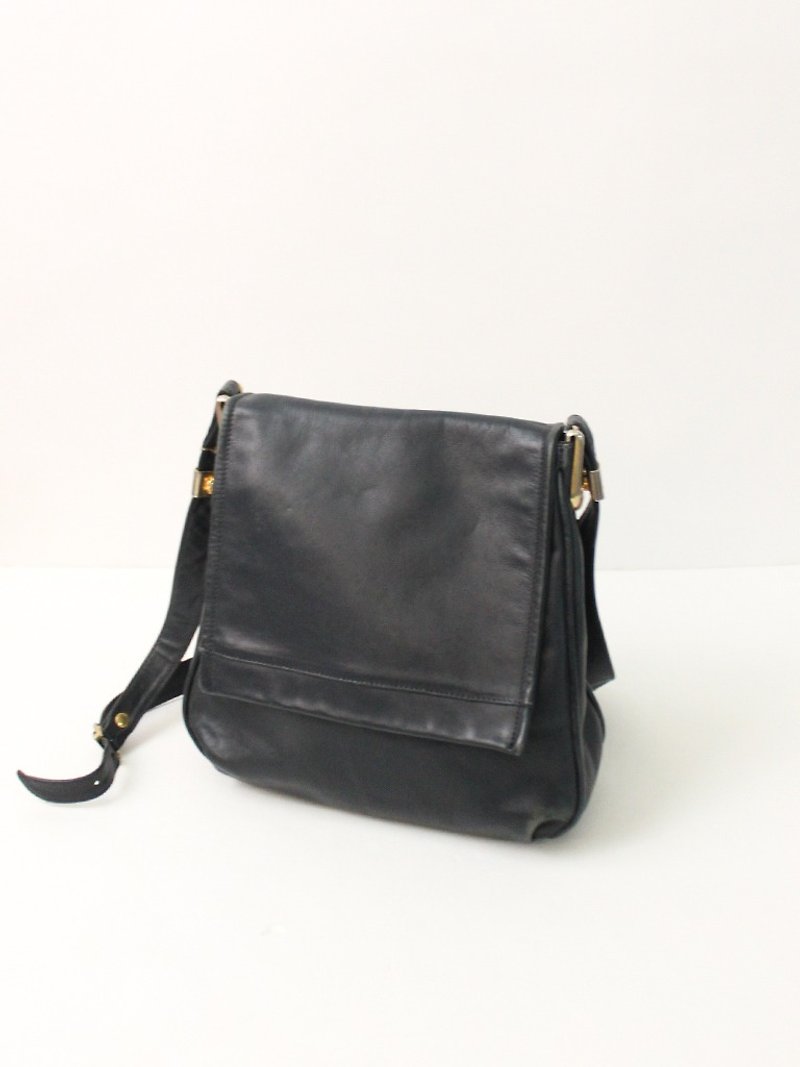 复古真皮中性款大容量蓝黑色侧背欧洲古董包 European Vintage Bag - 侧背包/斜挎包 - 真皮 黑色