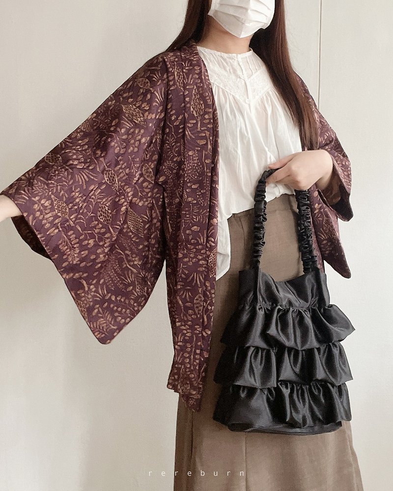 日本制和风印花图腾紫色薄款古着羽织和服外套 - 女装休闲/机能外套 - 聚酯纤维 紫色