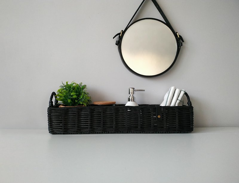 Black extra long shelf basket. Woven storage box for bathroom Long wicker holder - 收纳用品 - 防水材质 黑色