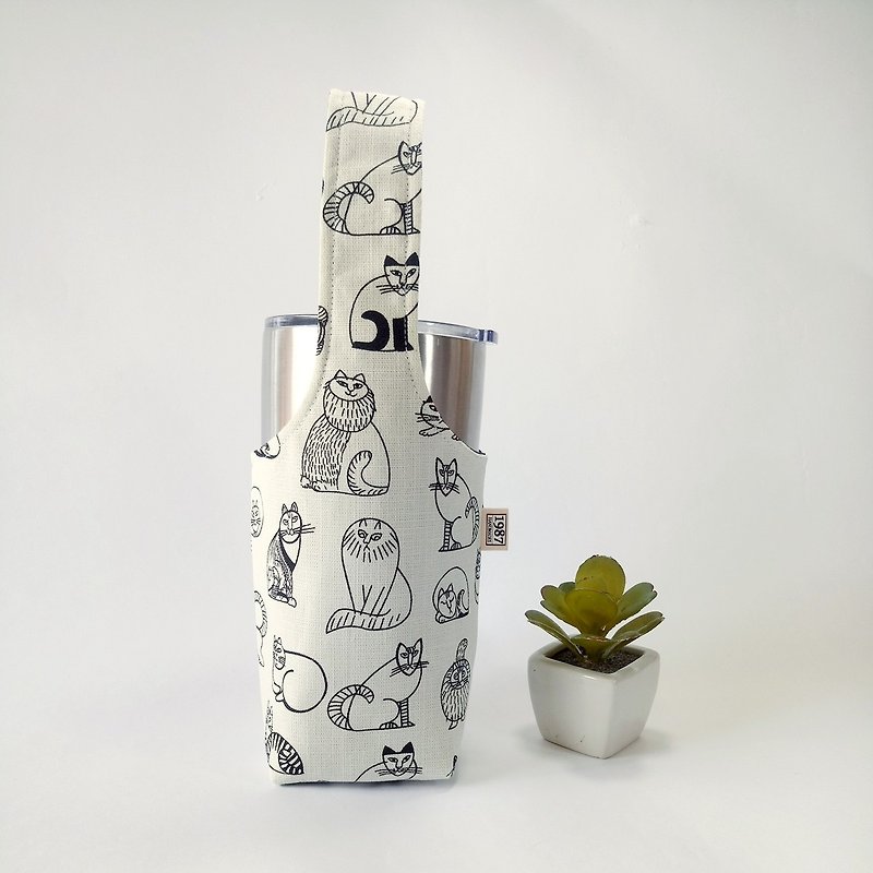 【艺术猫咪-白】双面饮料杯套 冰霸杯套 环保杯套 水壶袋 礼物 - 随行杯提袋/水壶袋 - 棉．麻 白色