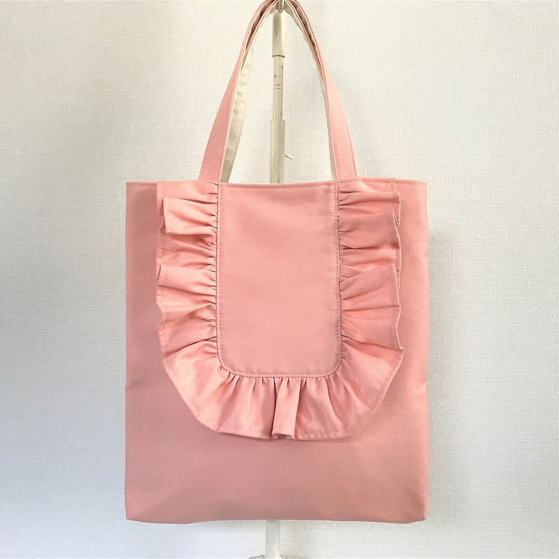 ラウンドフリル 縦型トートバッグ ピンク - 手提包/手提袋 - 棉．麻 粉红色