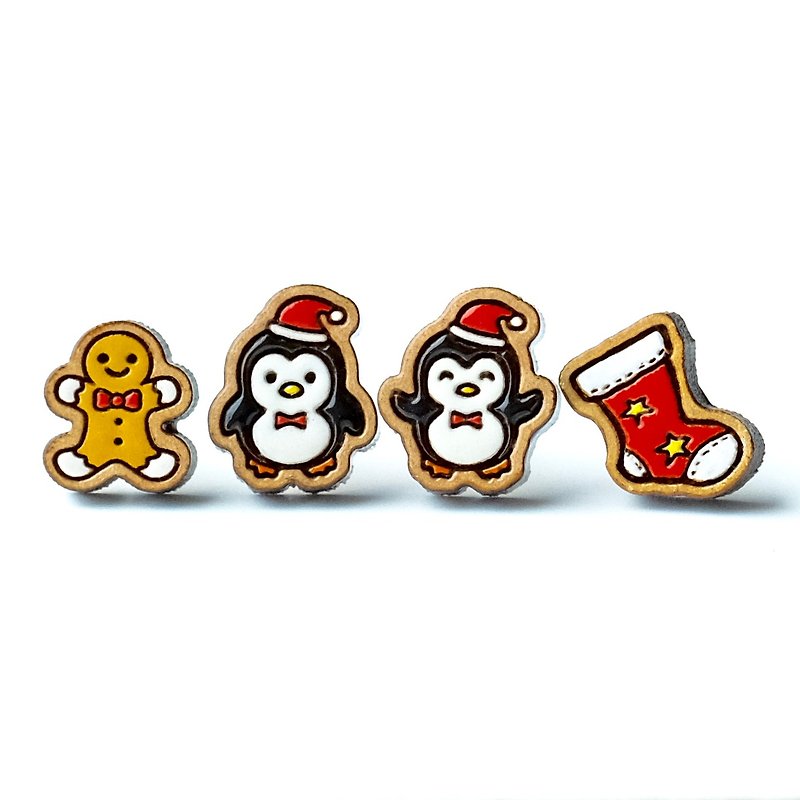 【圣诞限定】圣诞企鹅木耳环 (交换礼物首选/随机出货) - 耳环/耳夹 - 木头 红色
