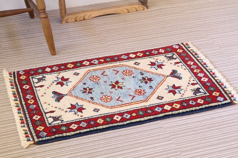 アイボリー×レッド 手織り 絨毯 ポイントラグ ハンドメイド カーペット ウール&草木染め 花柄 84×55cn - 地垫/地毯 - 其他材质 红色