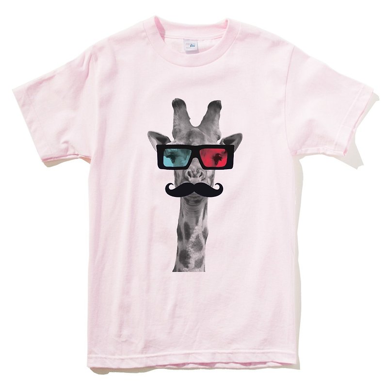 Giraffe 3D 短袖T恤 浅粉红色 长颈鹿 3D 眼镜 胡须 动物 文青 艺术 设计 时髦 文字 时尚 - 女装 T 恤 - 棉．麻 粉红色