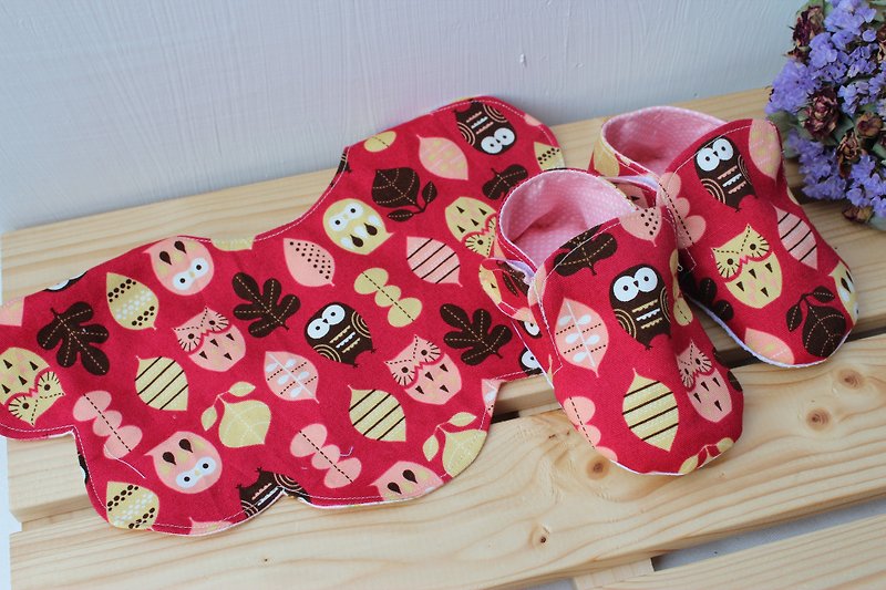可爱猫头鹰-红 满月礼弥月礼 宝宝鞋+围兜 - 童装鞋 - 其他材质 多色