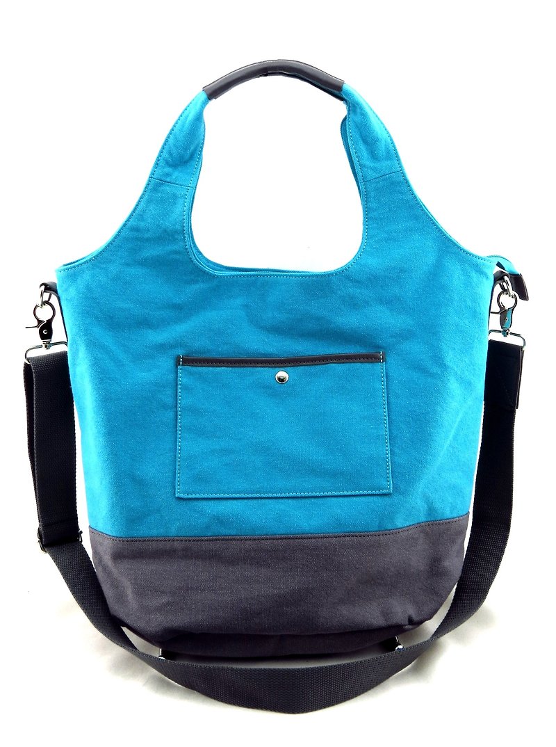 帆布2用袋(连可拆式肩带) - 湖水蓝/灰色 - 侧背包/斜挎包 - 棉．麻 蓝色