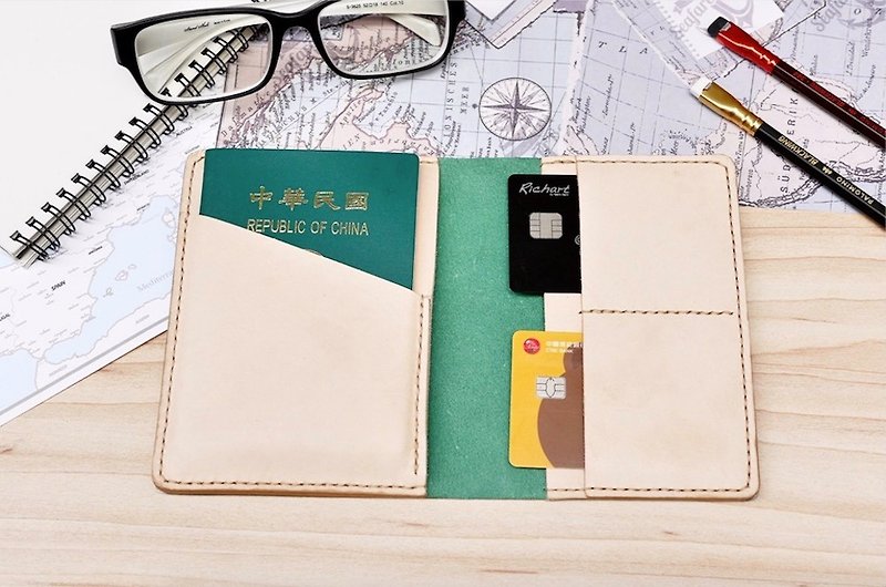 护照套    湖水绿搭原皮色    意大利牛皮   免费定制化刻字 - 护照夹/护照套 - 真皮 绿色