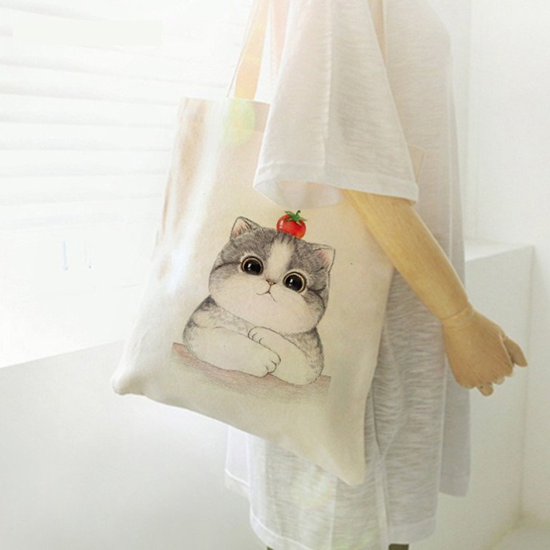 萌猫 帆布袋 单肩袋手提 书袋 购物袋 有拉链 黑色和 白色 可选 - 手提包/手提袋 - 棉．麻 白色