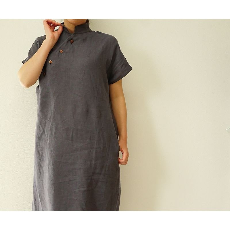 【wafu】 雅亜麻 linen  Ao Dai  French sleeve dress / sumi-iro  a47-1 - 洋装/连衣裙 - 棉．麻 灰色