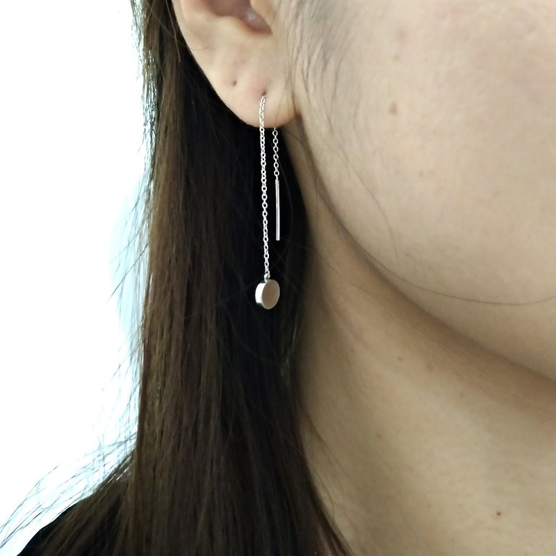 圆牌穿线耳环 925纯银 耳线 - 耳环/耳夹 - 纯银 银色
