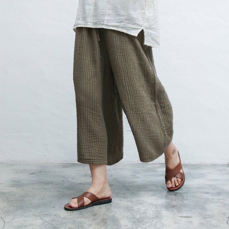 压纹布料宽裤 棕条纹 - 女装长裤 - 棉．麻 咖啡色