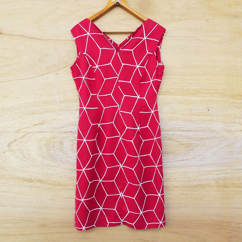 FOAK古着 几何立方体纹红洋装 - 洋装/连衣裙 - 棉．麻 红色