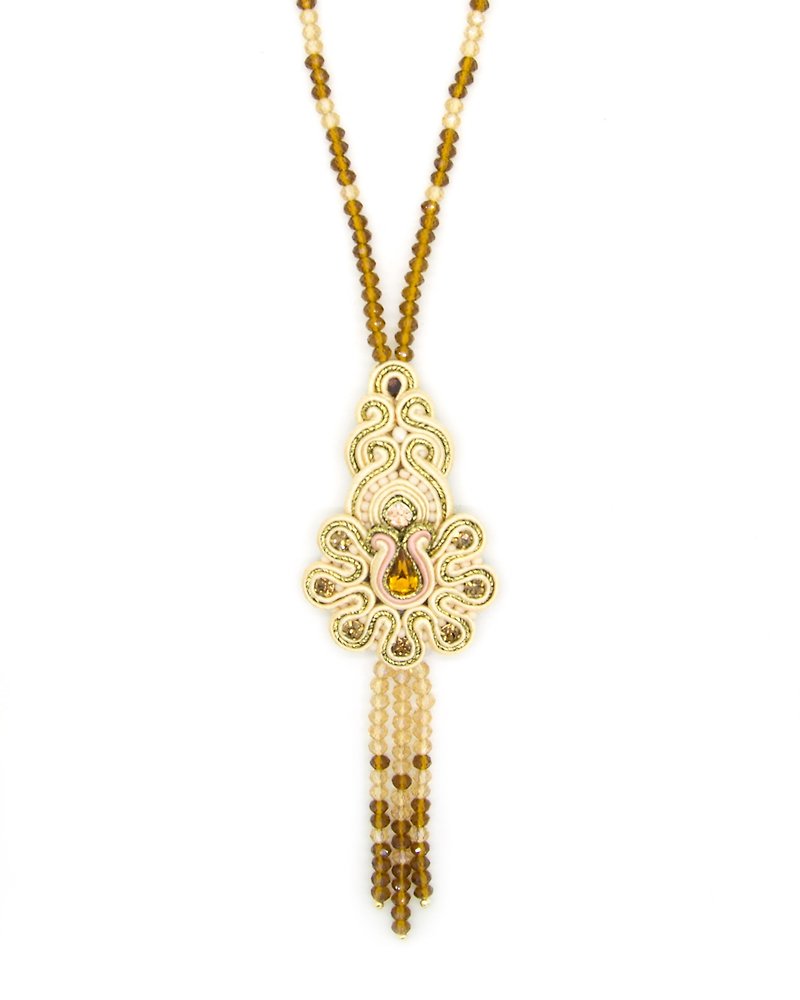 Necklace Long pendant necklace with beaded tassel in beige color - 项链 - 其他材质 咖啡色