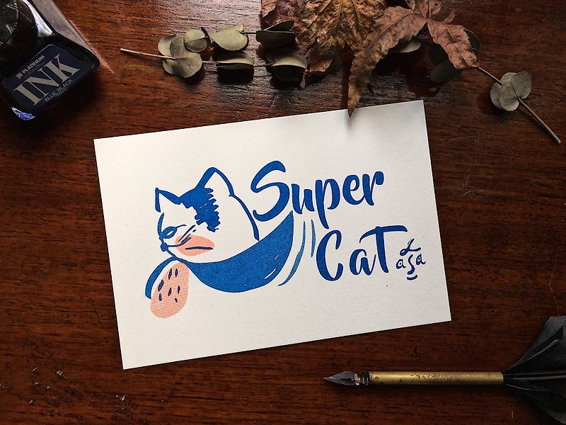 Super Cat 猫超人孔版印刷明信片 Risograph postcard - 卡片/明信片 - 纸 白色