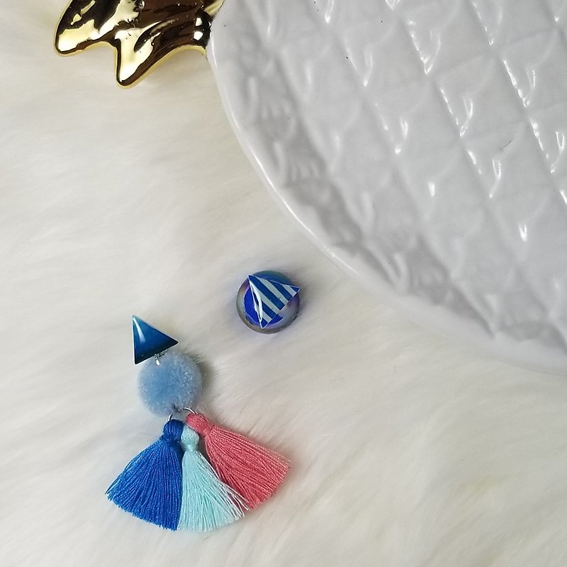 小三角形加流须 (蓝色) - 耳环/耳夹 - 纯银 蓝色