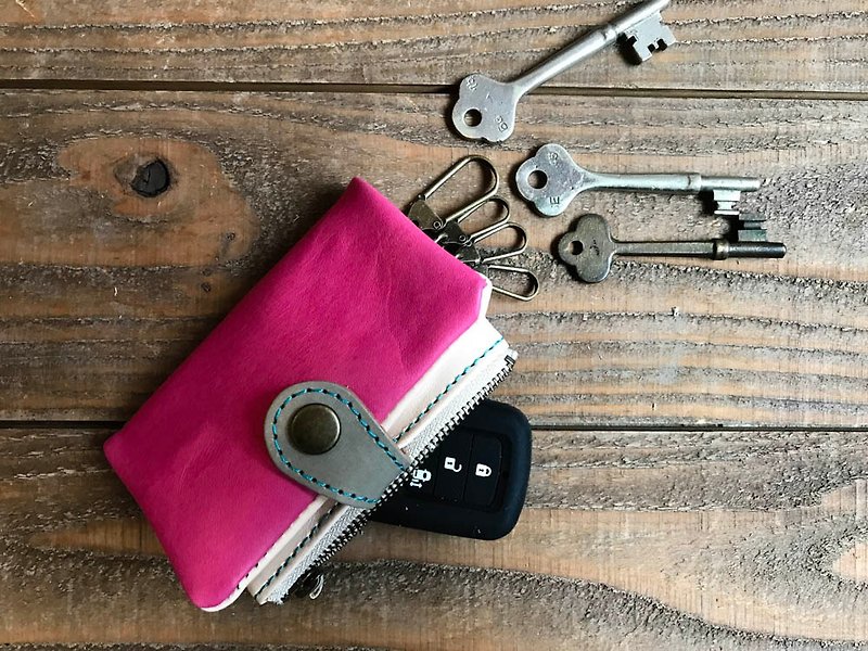 POCKET　甘くてかわいいイチゴミルク　ポケットプランプキーケース　カードも小銭も入る　PPK-PWH-T - 钥匙链/钥匙包 - 真皮 粉红色