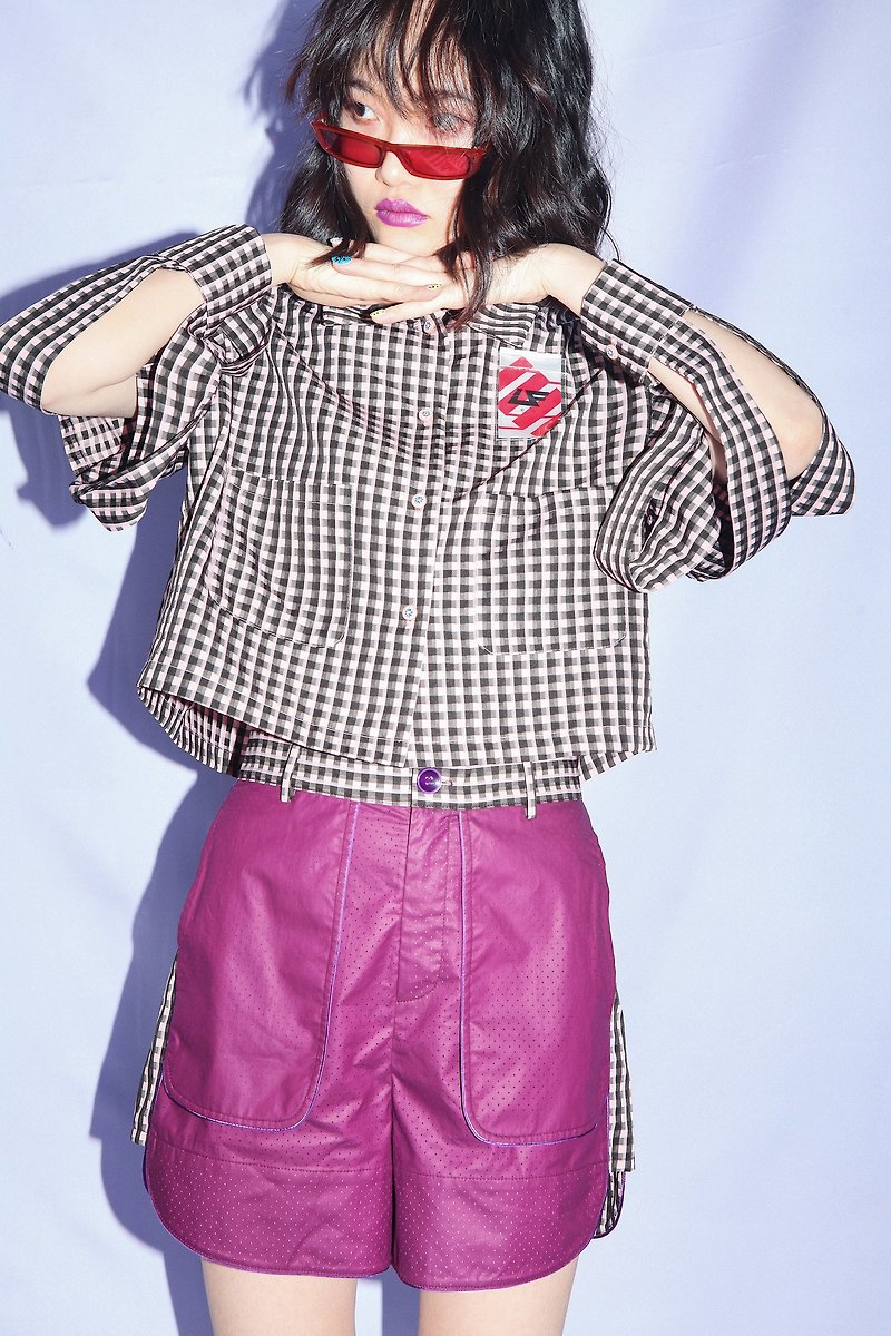 粉黑格子袖子飘带设计感略A型短款衬衣 - 女装衬衫 - 其他人造纤维 粉红色