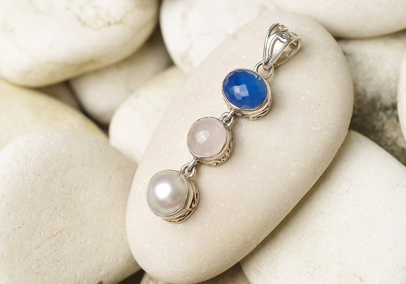 Blue Agate, Rose Quartz and Pearl Pendant Top - Gemstone Pendant Necklace - 项链 - 纯银 多色