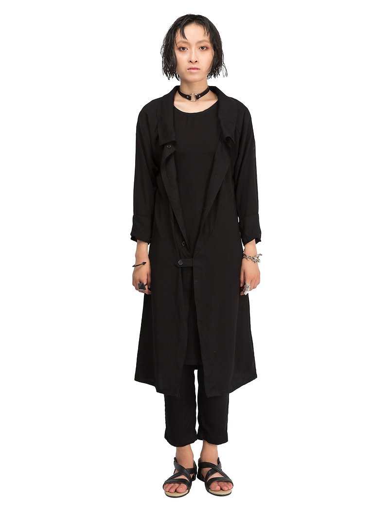 甜美长款女款长袖风衣外套 日系 暗黑风格 双向扣设计BY JANWONG（定制款） - 女装西装外套/风衣 - 棉．麻 黑色